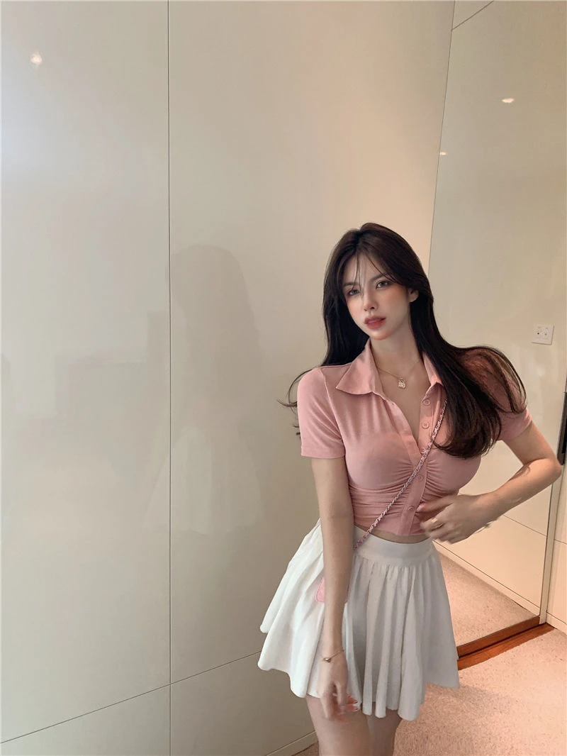 High Waist Stretch Short Cropped Navel Women's Top Sexy Y2K Solid Ladies Cardigan Shirt Fashion Women Short Sleeve145_voghion.com