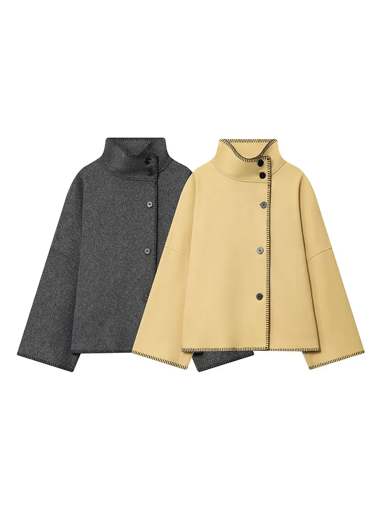 HH Autumn Women Fashion Contrast Coats Loose Casual Oversizes Jackets Turtleneck Long Sleeve Jacket High Street Lady Outwears