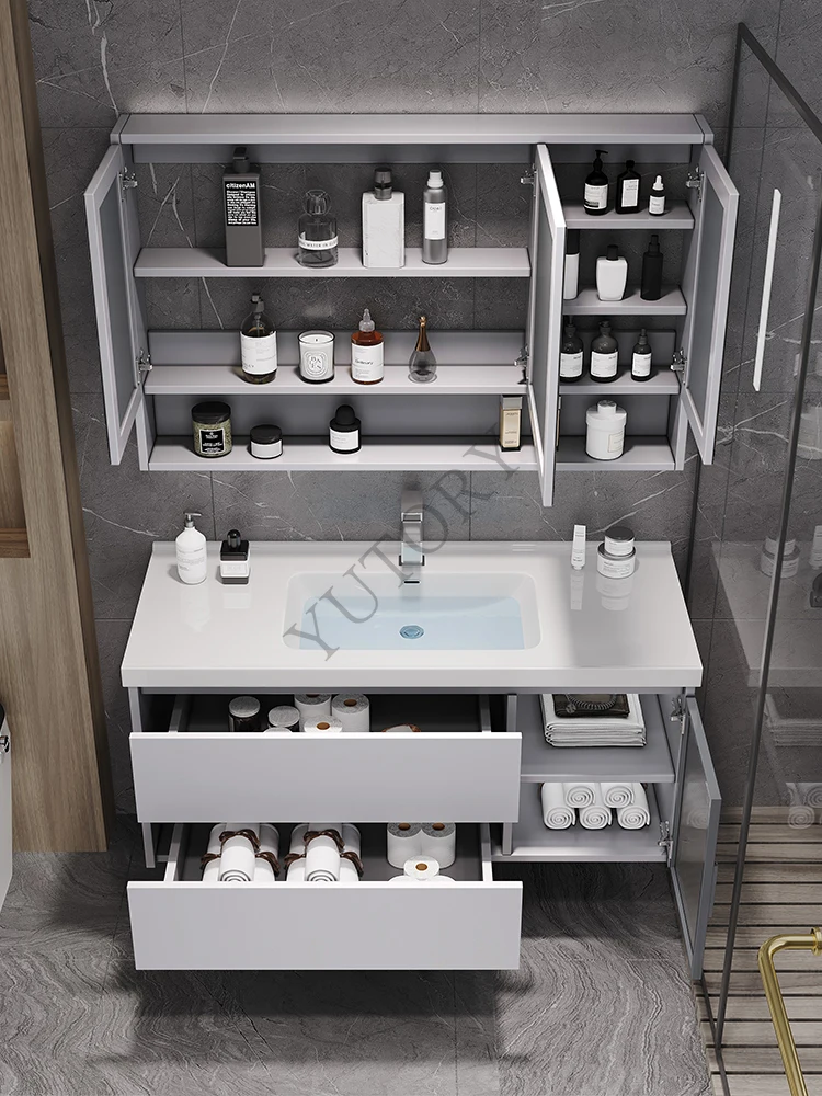 Light luxury solid wood smart bathroom cabinet combination bathroom washbasin ceramic integrated basin