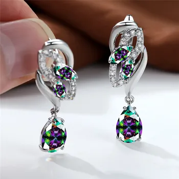 Mystic Rainbow Black Green Blue Pink Red Water Drop Stone Flower Hoop Earrings For Women Silver Color Bridal Zircon Ear Buckle