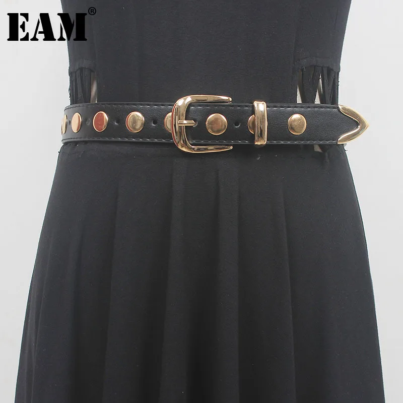 

[EAM] Pu Leather Black Metal Rivet Long Vintage Belt Personality Women New Fashion Tide All-match Spring Autumn 2024 1DH5545