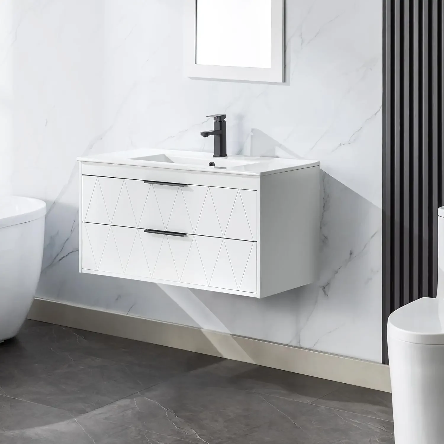 36" Bathroom Vanities Cabinet with Sink Combo, Wall Mounted Floating Cabinet W/Decor Line,Soft-Close System, 2 Extra Big Drawers 3