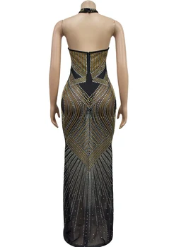 Women's Rhinestones Décor Long Maxi Dress Glam Backless Hallucination Mesh Diamonds Party Dress Celebrities Outfits 3