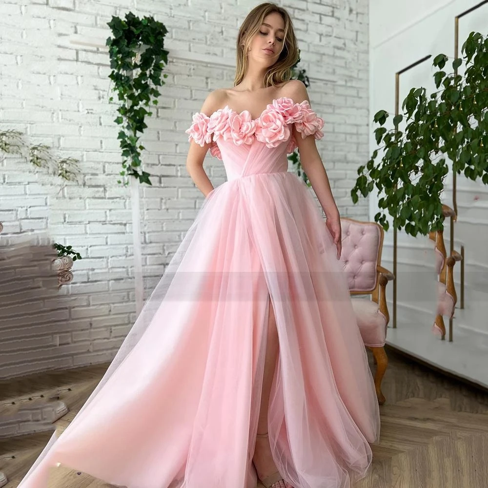 

Pink Long Prom Dresses 2023 Vintage Flowers Sexy Evening Party Dress Women Split Side Special Customize To Measures Elegant