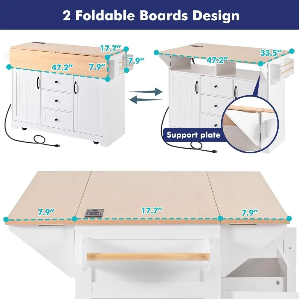 Rolling Kitchen Island with 2 Drop Leaf and Power Outlet, Island Table on Wheels with Towel Rack and Spice Rack 4