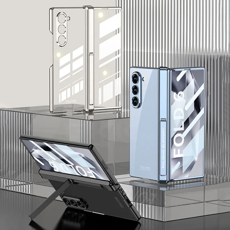 Magnetic Hinge Plating Clear Protective Case with Outer Screen Glass Holder