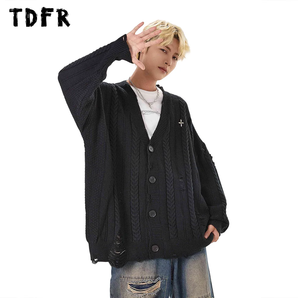 

Ripped Sweatercoat Mens Autumn Solid Color Casual Loose Single Breasted Long Sleeve Knitted Sweater Men