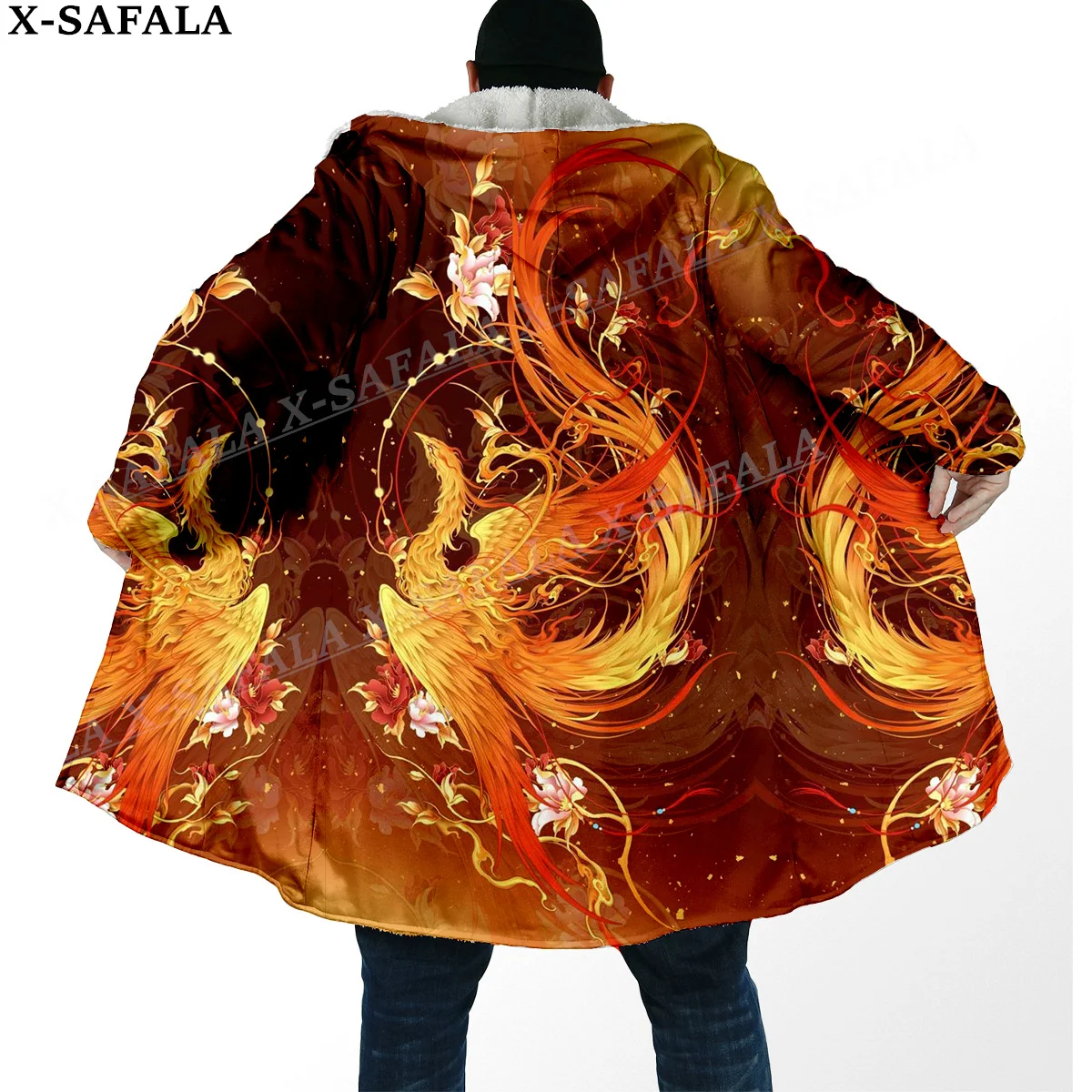 

Mythical Phoenix Myth Fire Phoenix Print Thick Warm Hooded Cloak Men Overcoat Coat Windproof Fleece Cape Robe Hooded Blanket-5