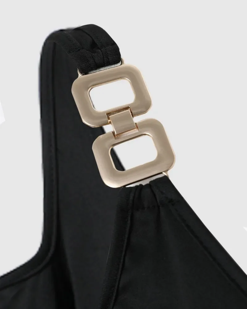 Metal Decor Cold Shoulder Casual Dress Women Sexy Half Sleeve High Waist Mini Dress V Neck