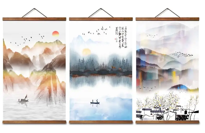

MT0309 Chinese Style landscape swallow fishing boat Decorative Wall Art Posters Solid Wood Scroll Paintings