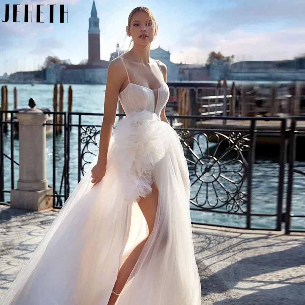 

JEHETH Vintage Spaghetti Straps Bridal Gowns Sweetheart Backless A-Line Wedding Dress Sleeveless Split Tulle Vestidos De Novia