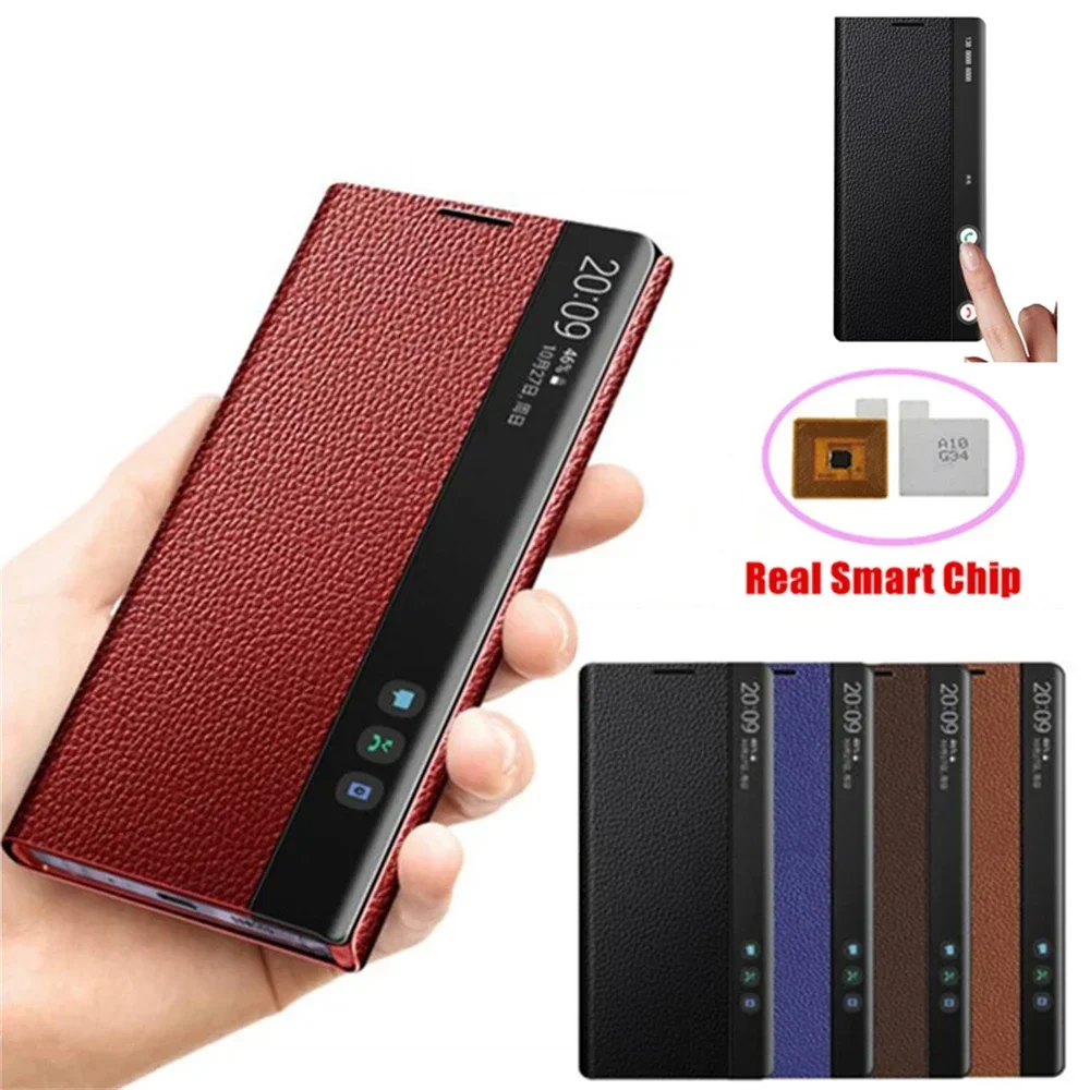 

Retro Lychee Leather Cover For Samsung Galaxy Note 10 Plus Note10+ Window View Free-flip Smart Chip Phone Case For Note 20 Ultra