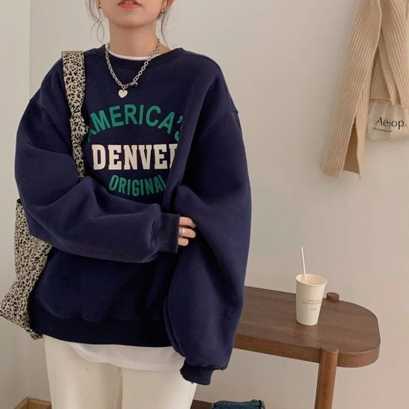 Retro Korean Loose Long Sve round Ne Sweatirt Women's Lazy Sle Comfortable Polyester Fiber Printed Hoodie
