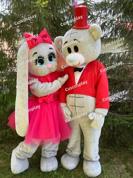 

Red Dress Bunny Teddy Bear Mascot Costume Grey Bear Rabbit Character Amusement Parkfunfair Animation Fancy Dress Halloween Party