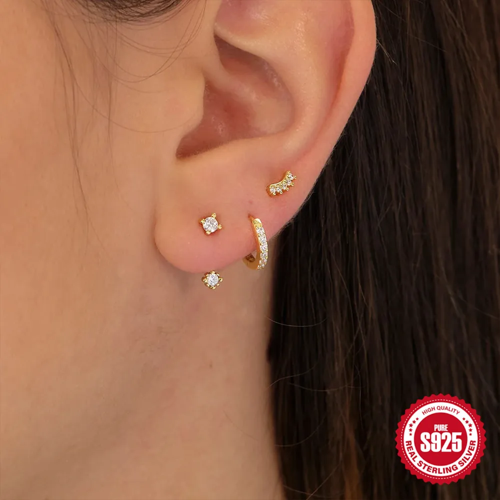 Silver Earrings Set 3 Piece Stud Piercing 18K Gold Plated