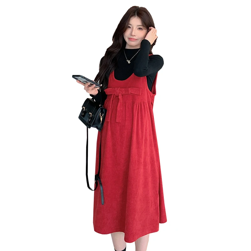 

Japanese Style Maternity Clothes Set Long Sleeve Sweater+sundress Twinset Fashion Pregnant Woman Corduroy Dress Suits with Bow