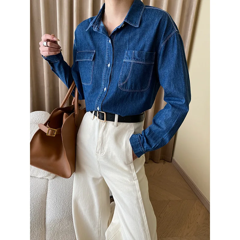 

Irregular Double Pocket Denim Shirt 2024 Early Spring New Vintage Tops