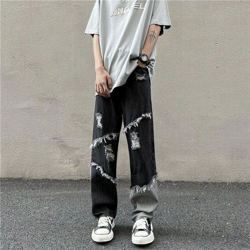 

2023 American double color matching Harajuku raw edge stitching high street denim trousers loose retro ripped pants y2k pants
