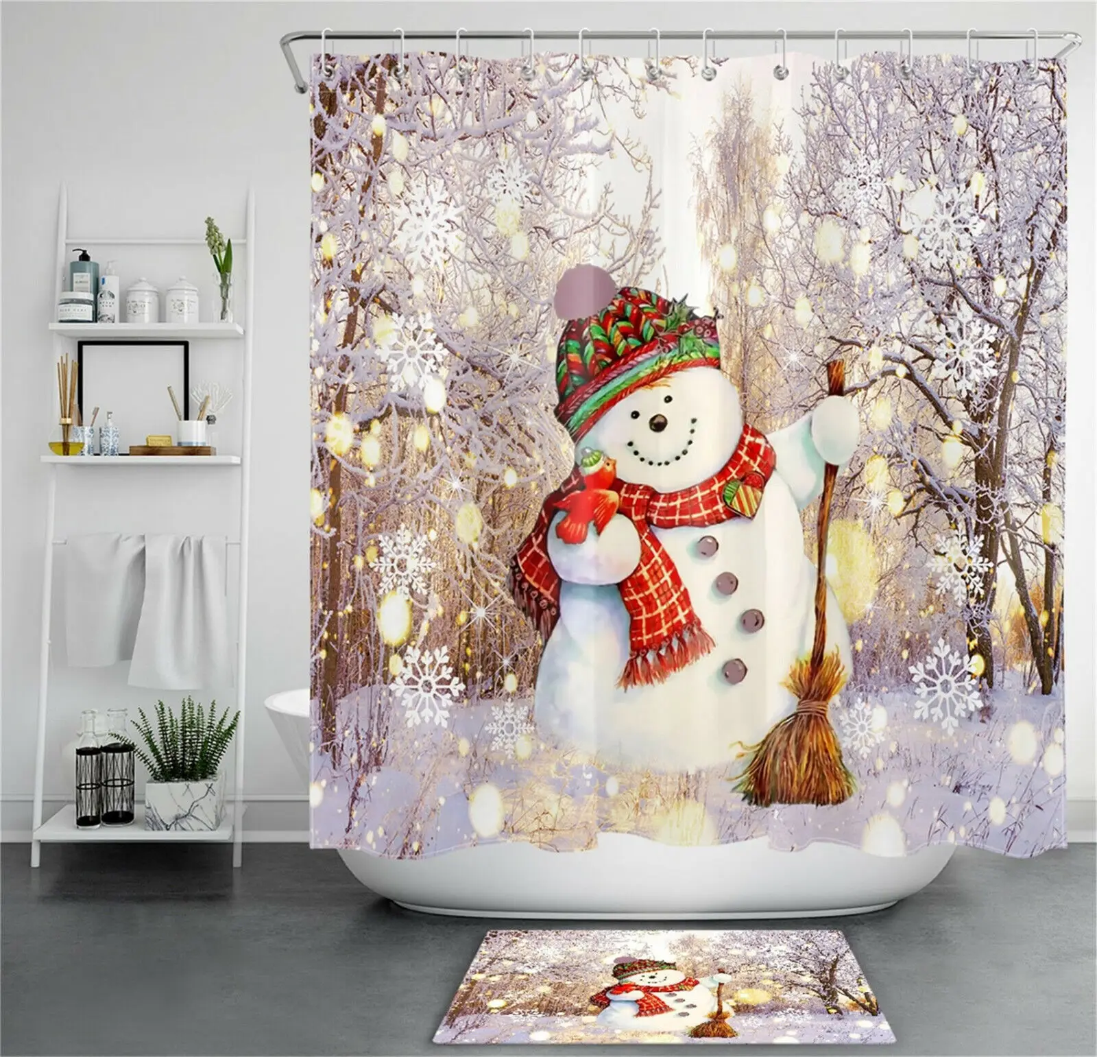 

Santa Claus Winter Snow Cute Animal Farmhouse Xmas Tree Shower Curtain Set Flannel Floor Mat Bathroom Decor Christmas Snowman