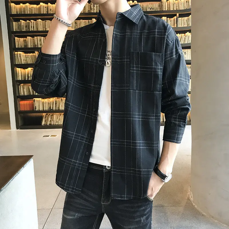 Fashion Lapel Button Spliced Pockets Lattice Shirts Men's Clothing 2022 Autumn New Oversized Casual Tops All-match Korean Shirt
