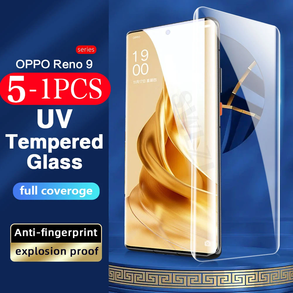 

5-1pcs Full cover UV glass For oppo reno 9 6 5 4 3 A1 pro plus Screen Protector Tempered Glass smartphone phone Protective Film