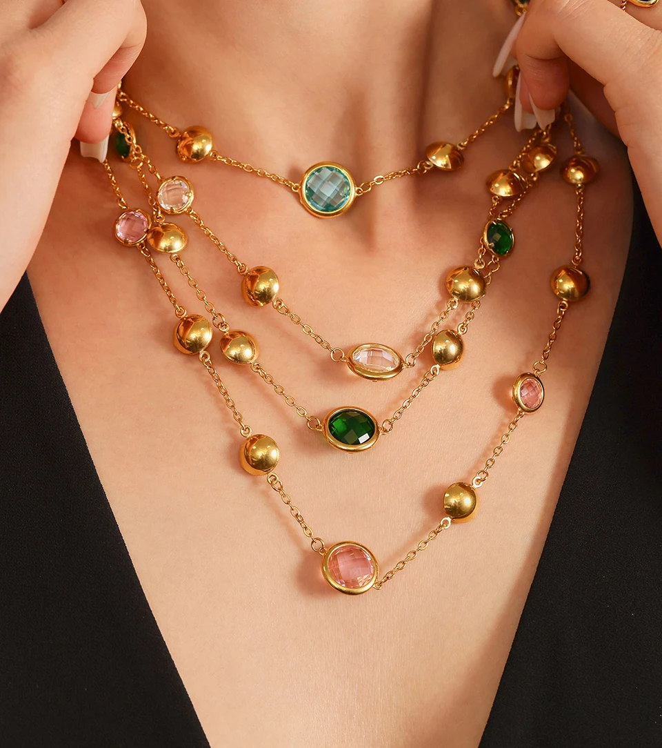6 Farben facettiertes tschechisches Glaskristall-Halskettenarmband aus Edelstahl, 18 Karat vergoldete Kettenhalsketten, Armbänder für Frauen – Detail 19