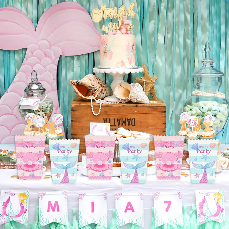 6/12Pcs Mermaid Party Popcorn Boxes Mermaid Tail Gift Candy Box Kids Girls Birthday Party Supplies Wedding Baby Shower Decor
