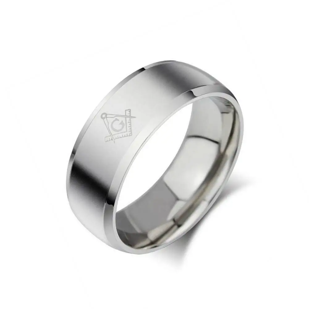 Men's Freemasonry Matte Gold Stainless Steel Ring with Beveled Edge - Polished Hip Hop Punk Design Gift
