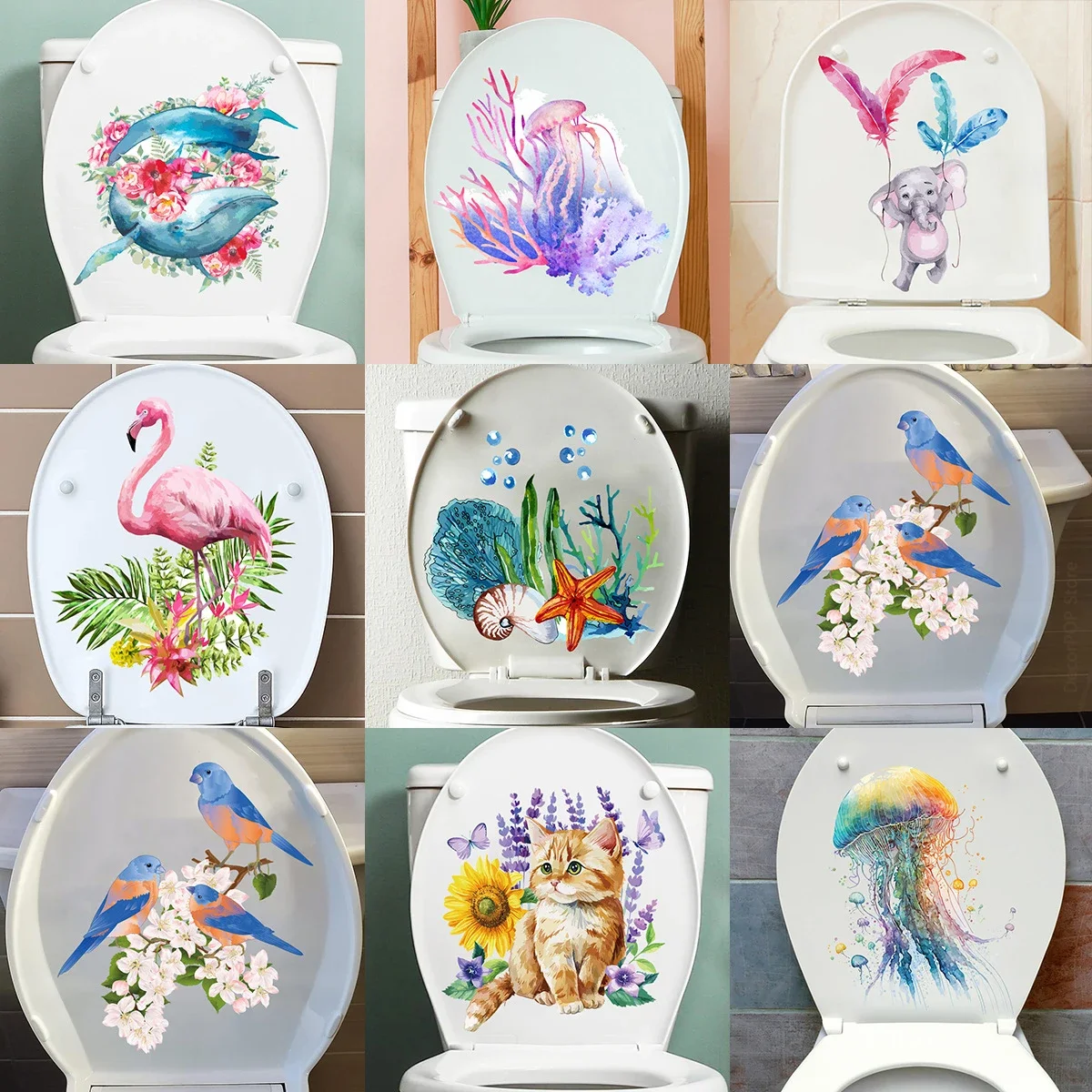 Toilet Stickers Watercolor Hand Drawn Jellyfish Whale Wall Sticker Bathroom Decor Decals Self Adhesive Mural