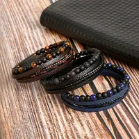 Hommes Bracelet en cuir classique mode oeil de tigre perlé Multi couche Bracelet en cuir pour hommes bijoux cadeau 3