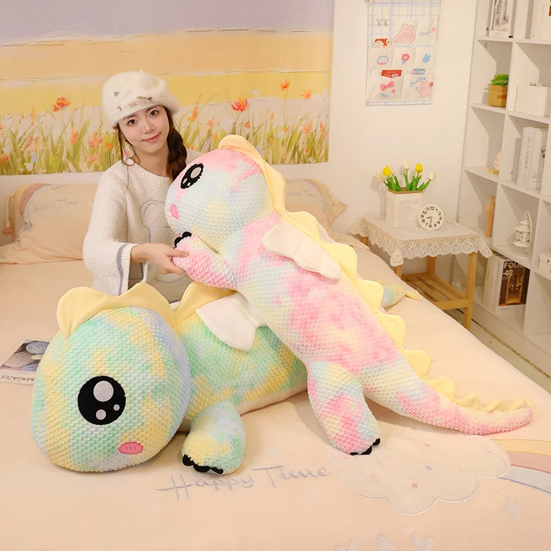 90-130cm Big Size Colourful Dino Plush Toys Cartoon Stuffed Animal Big Eyes Dragon Doll Baby Sleeping Pillow for Kids Xmas Gifts broken sword 3 the sleeping dragon pc