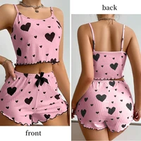 Women's Pajamas Set Sleepwear 2 PCS Short Tank Tops And Shorts S M L White Ventilate Soft Casual Love Printing 5