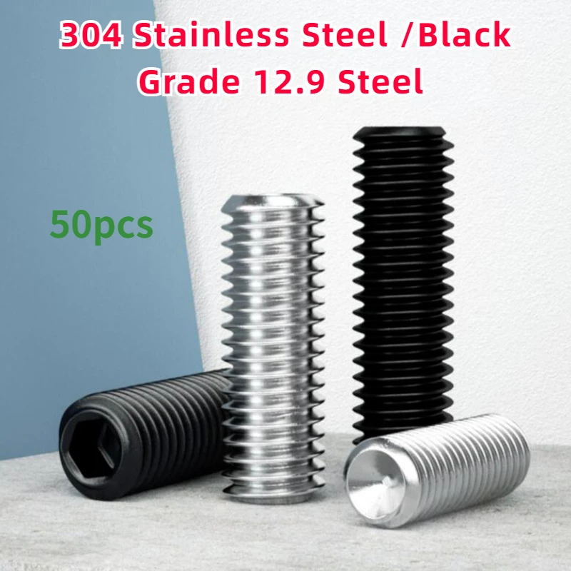 

50pcs M2M2.5M3M3.5M4M5M6 DIN916 304 Stainless Black Grade 12.9 Steel Hex Hexagon Socket Allen Cup Point Grub Screw Set Bolt