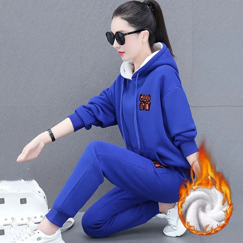 

Hooded Add Velvet Tops Tracksuit Winter Warm 2 Piece Sets Harem High Waist Baggy Pant Suits Thick Loose Jogger Conjuntos