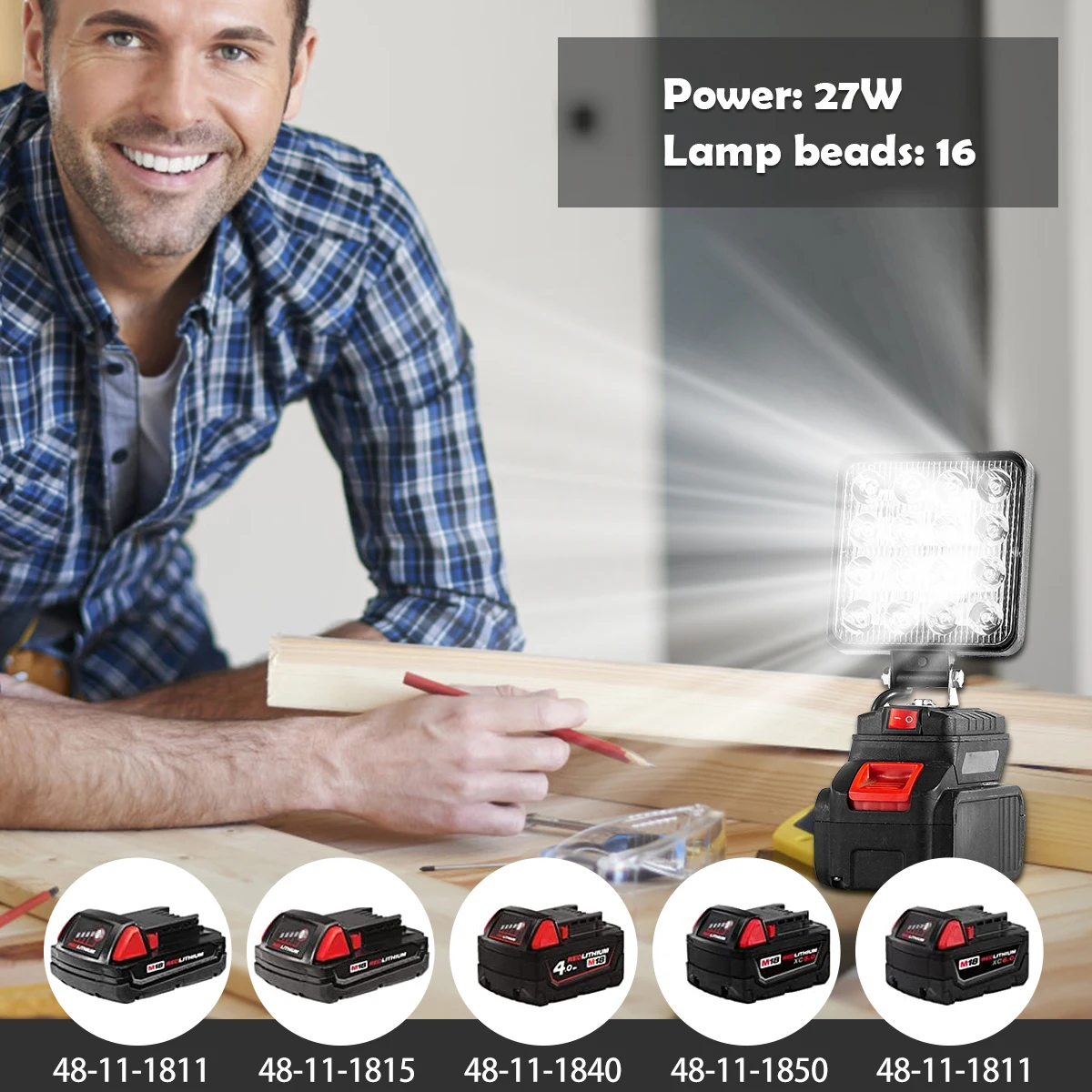 New Flood Work Light 18V/20V 27W 4inch Square LED Work Light 90&deg; Rotatable Job Site Cordless Portable Flashlight Outside