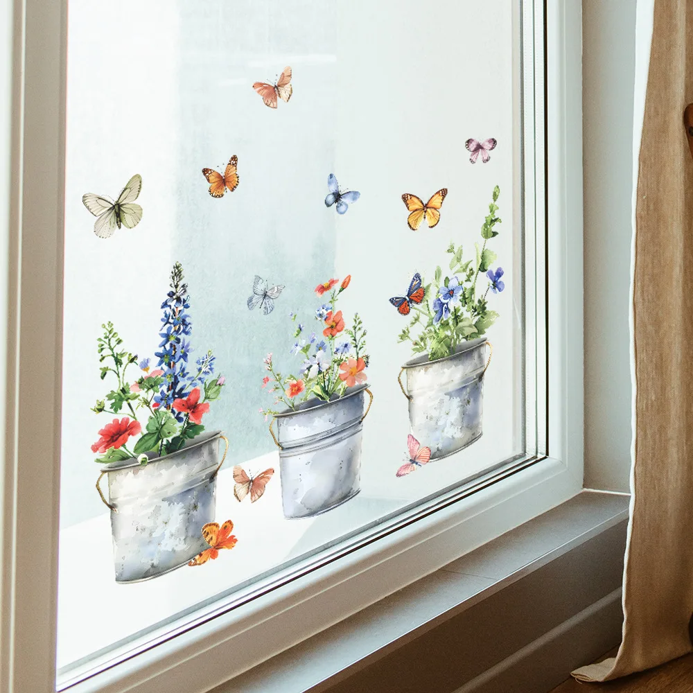 Window Stickers 1PCS Art Iron Bucket Flower Pot Butterfly Glass Doors Windows Home Beautify Uv Static Electricity