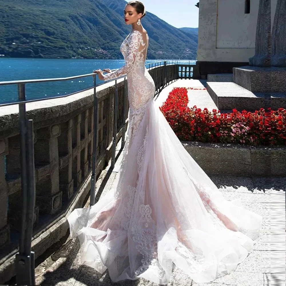 

2024 Gorgeous Wedding Dress Scoop Neck Long Sleeves Lace Appliques Slim Mermaid Sweep Train Vestidos De Novia Custom Bride Gown