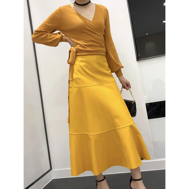 2023 Women New High-Waisted Simple Splicing Sheepskin Leather Ultra-Long Flared Skirt E1