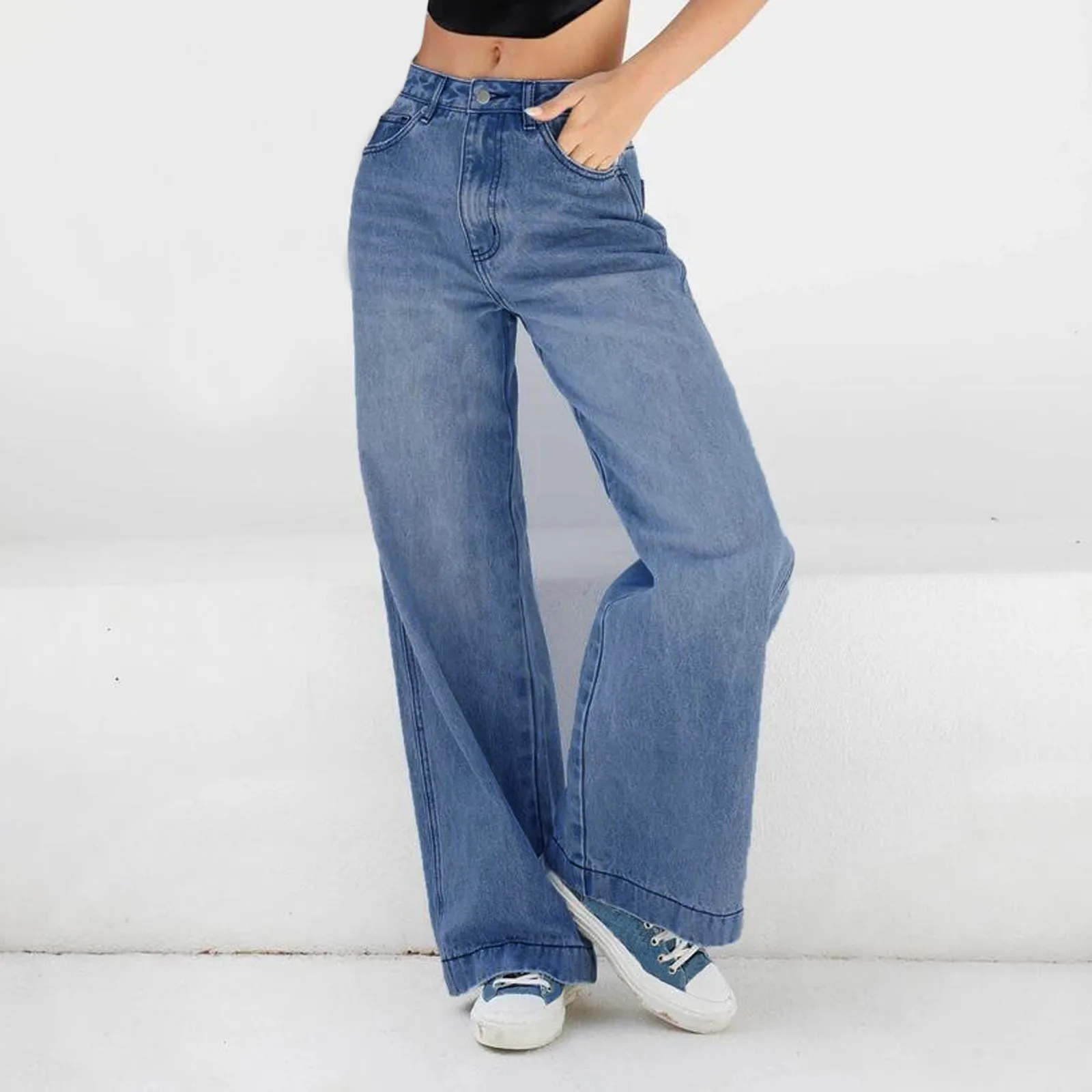 

Women's Simple Solid Colour Washed Jeans Fashion Casual Versatile Pocket Denim Pants High Waisted Loose Wide Leg Denim Trousers