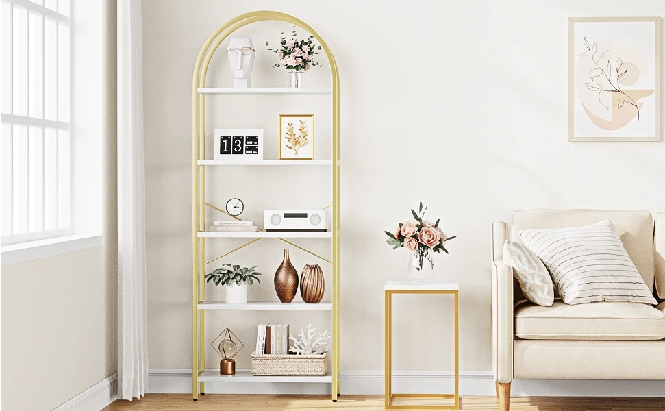 Description Picture 2 of itemUS  Bookshelf 5 Tier Bookcase Arched Display Racks Tall Standing Bookshelves Metal Frame Rustic Storage Rack Shelf Brown Book