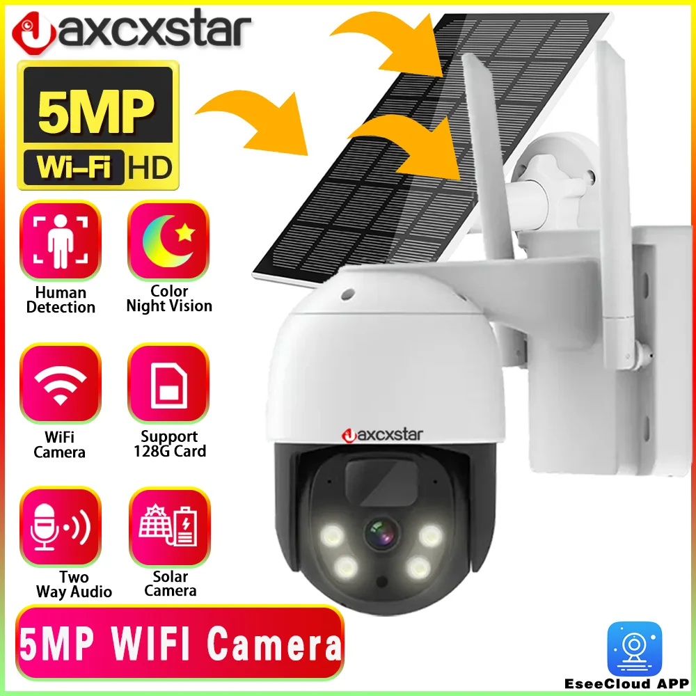 

5MP WiFi Solar Camera PIR Human Detection PTZ IP Cam With 10400mAh Solar Panel Recharge Battery Video Surveillance 360° Camera