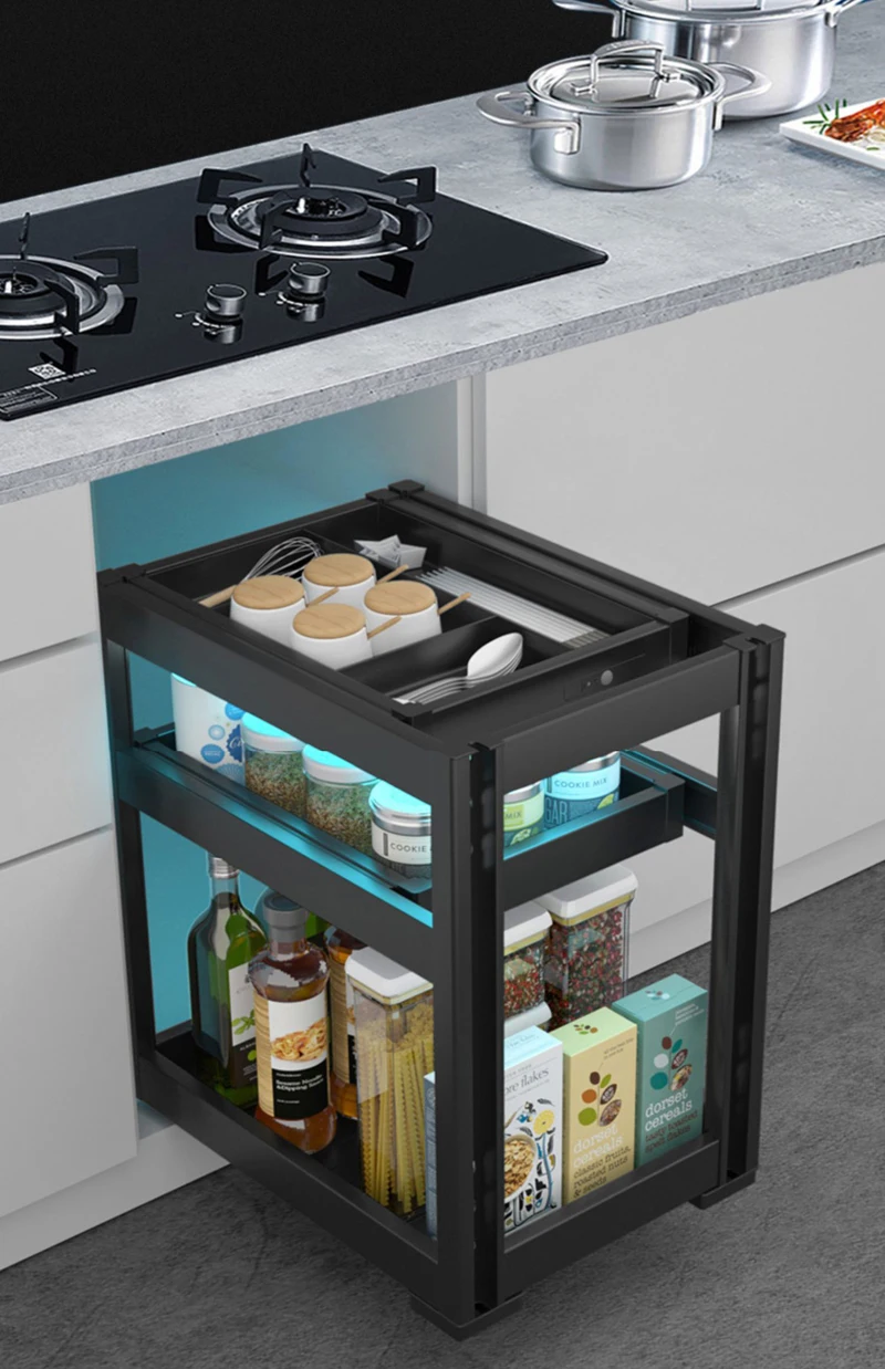 Drawer-type Kitchen Cabinet Seasoning Pull Basket All aluminum Alloy Three-layer Cabinet Storage Rack UV Smart Lighting kitchen dishes and plates storage rack cabinet double drawer basket household stainless steel drain rack storage rack