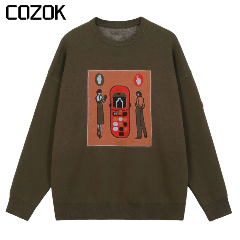 

Japanese Harajuku Knitted Sweaters Men Women Character Print Fashion Brands Loose Knit Jumper Winter Street Round Neck Pullovers