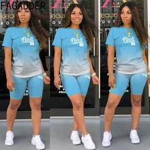 

FAGADOER PINK Letter Print Gradient Two Piece Sets Women Round Neck Short Sleeve Top + Shorts Tracksuits Summer Fashion Outfits