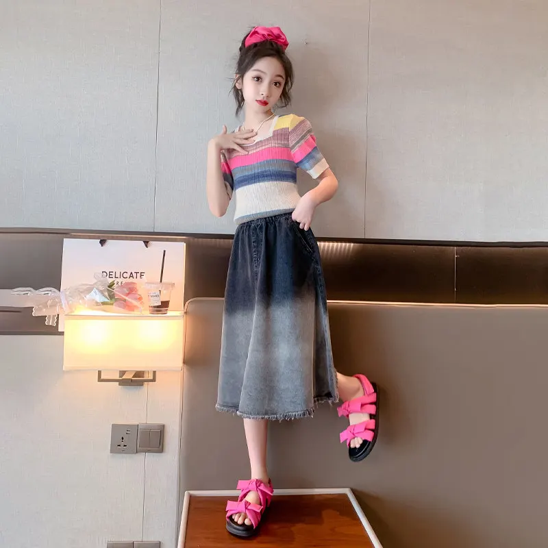 

Summer New Korean Style Teen Girls Fashion Clothes Set Short Sleeve Top + Skirt Two Pieces Streetwear Suit for Children Outfits