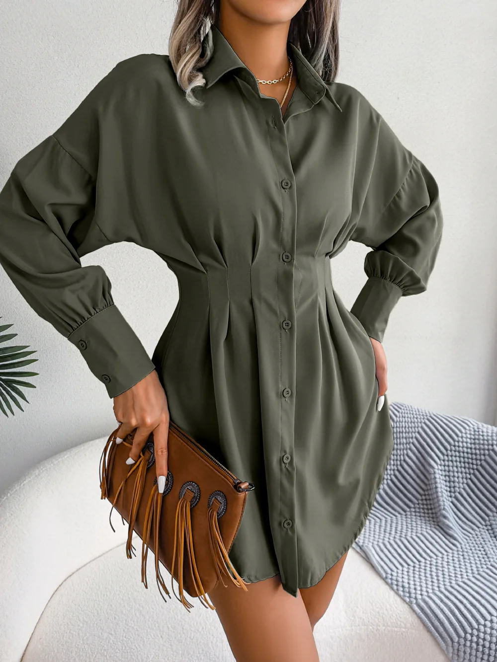 

Dresses For Women 2023 Autumn New Lapel Lantern Sleeve Solid Color Vestidos Fashion Casual Beach Party Ladie Cropped Shirt Dress