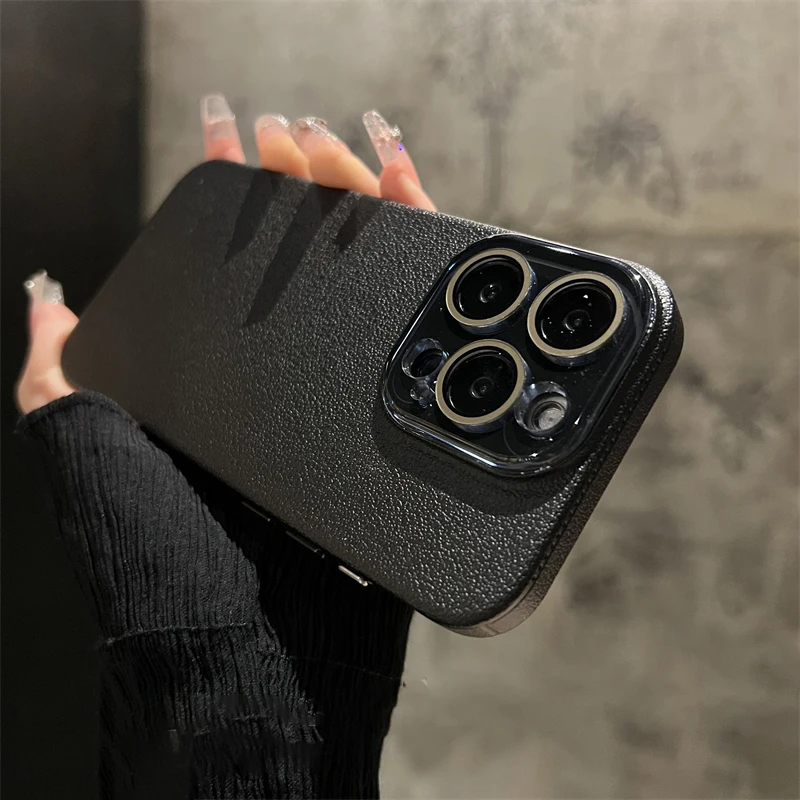 Luxurious Lychee Textured Leather Case with Crystal Glass Lens Protection