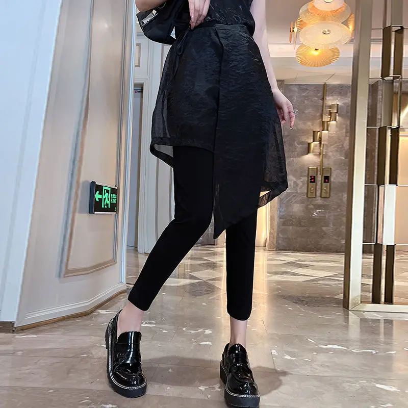 Women 2024 Spring Summer New Fashion Shimmery High Waist Solid Irregular Spliced Gauze Fake Two Piece Slim Straight Skirt Pants