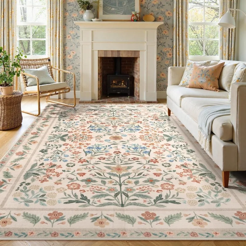 Nordic Retro Living Room Carpet Plant Flower Print Bedroom Rug Large Area Machine Washable Non-slip Coffee Table Mat Tapis Ковер