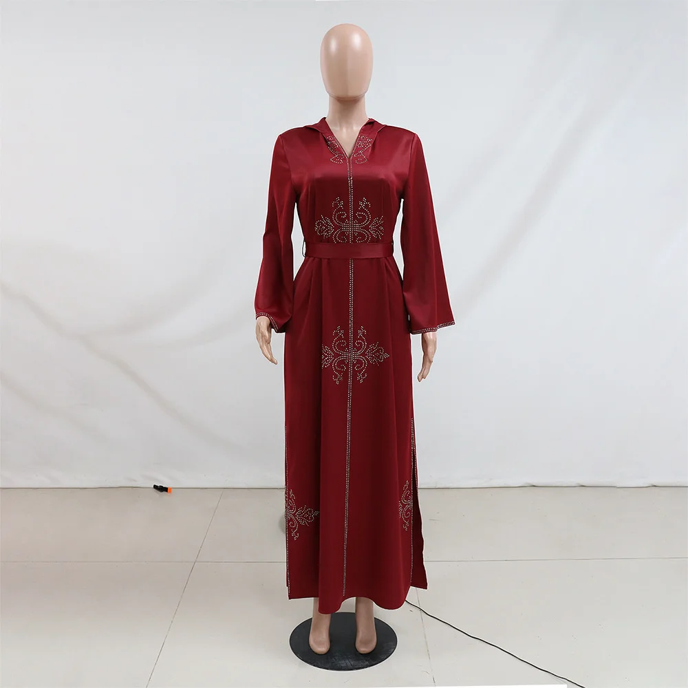 Muslin Dress Abaya For Women Ethnic Morocco Caftan Kaftan Dress With Hat Robe Fashion Diamond Split Bottom Dress Women Clothing